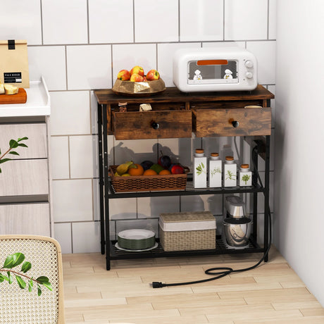 Entryway Narrow Console Table with Charging Station-Rustic Brown