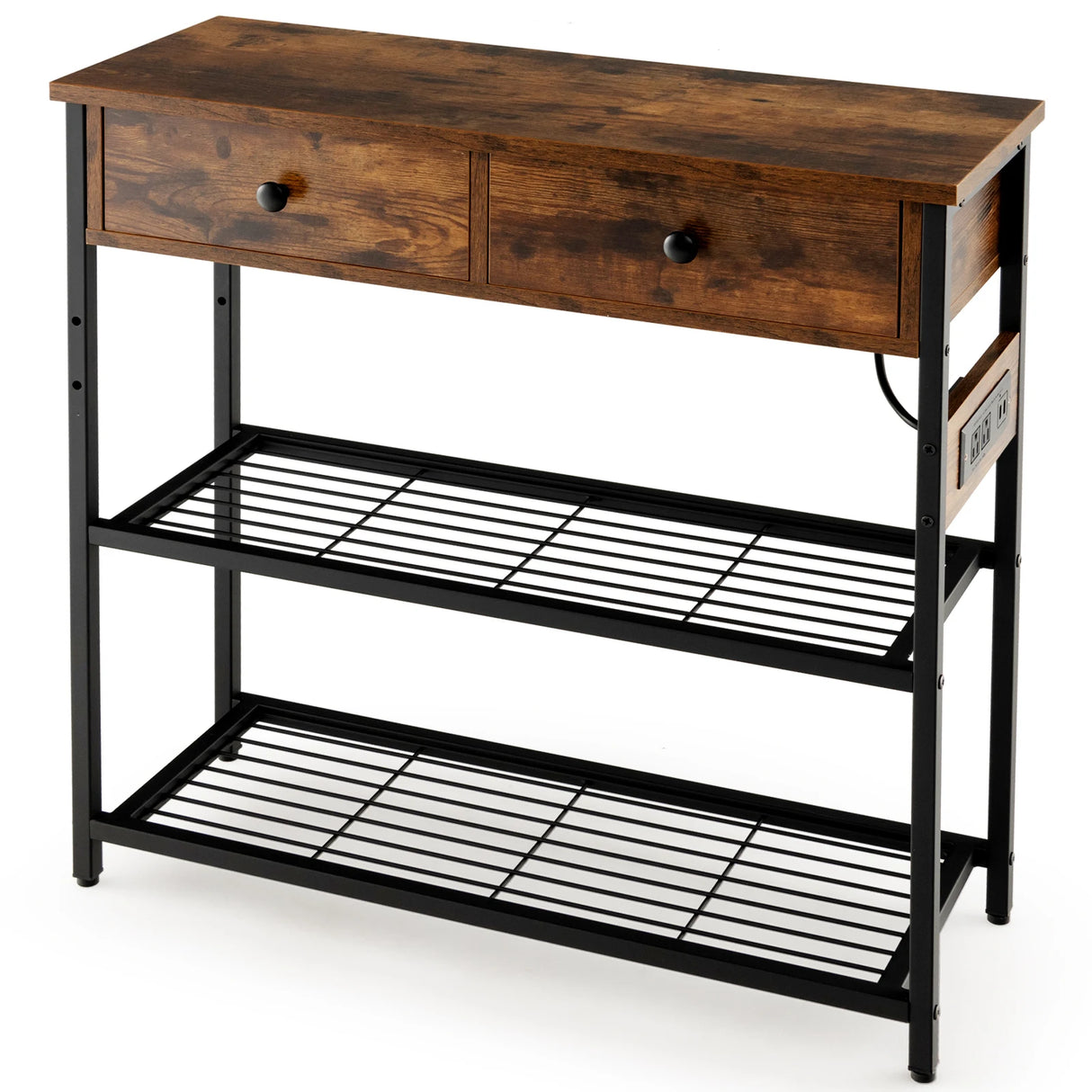 Entryway Narrow Console Table with Charging Station-Rustic Brown