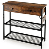 Entryway Narrow Console Table with Charging Station-Rustic Brown