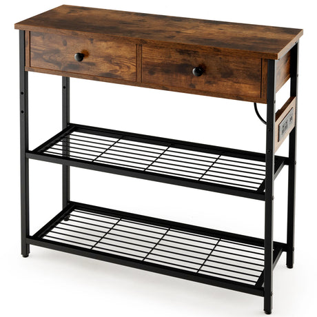 Entryway Narrow Console Table with Charging Station-Rustic Brown