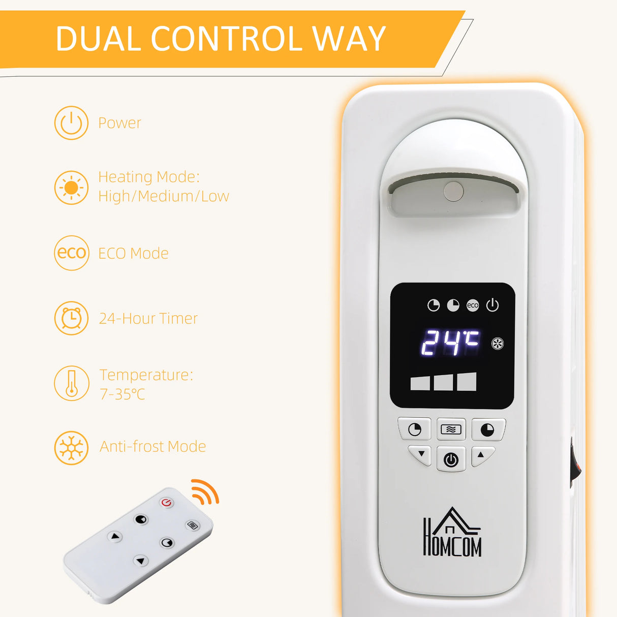 HOMCOM 2500W Digital Display Oil Filled Radiator, 11 Fin Portable Electric Heater with Timer, Adjustable Thermostat, Three Heat Settings, Safety Cut Off, Remote, White