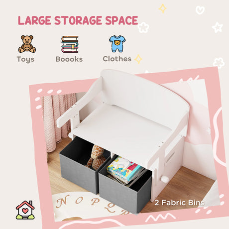 AIYAPLAY 3 in 1 Kids Storage Bench, Convertible Children Table and Chair Set with 2 Fabric Bins, Toy Storage Box, White