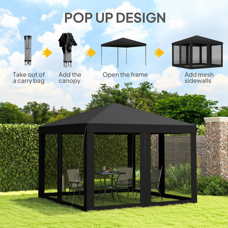 Outsunny 3 x 3 m Pop Up Gazebo, 420D Garden Tent Canopy with Removable Mesh Sidewall Netting, Carry Bag for Garden Patio Outdoor, Black