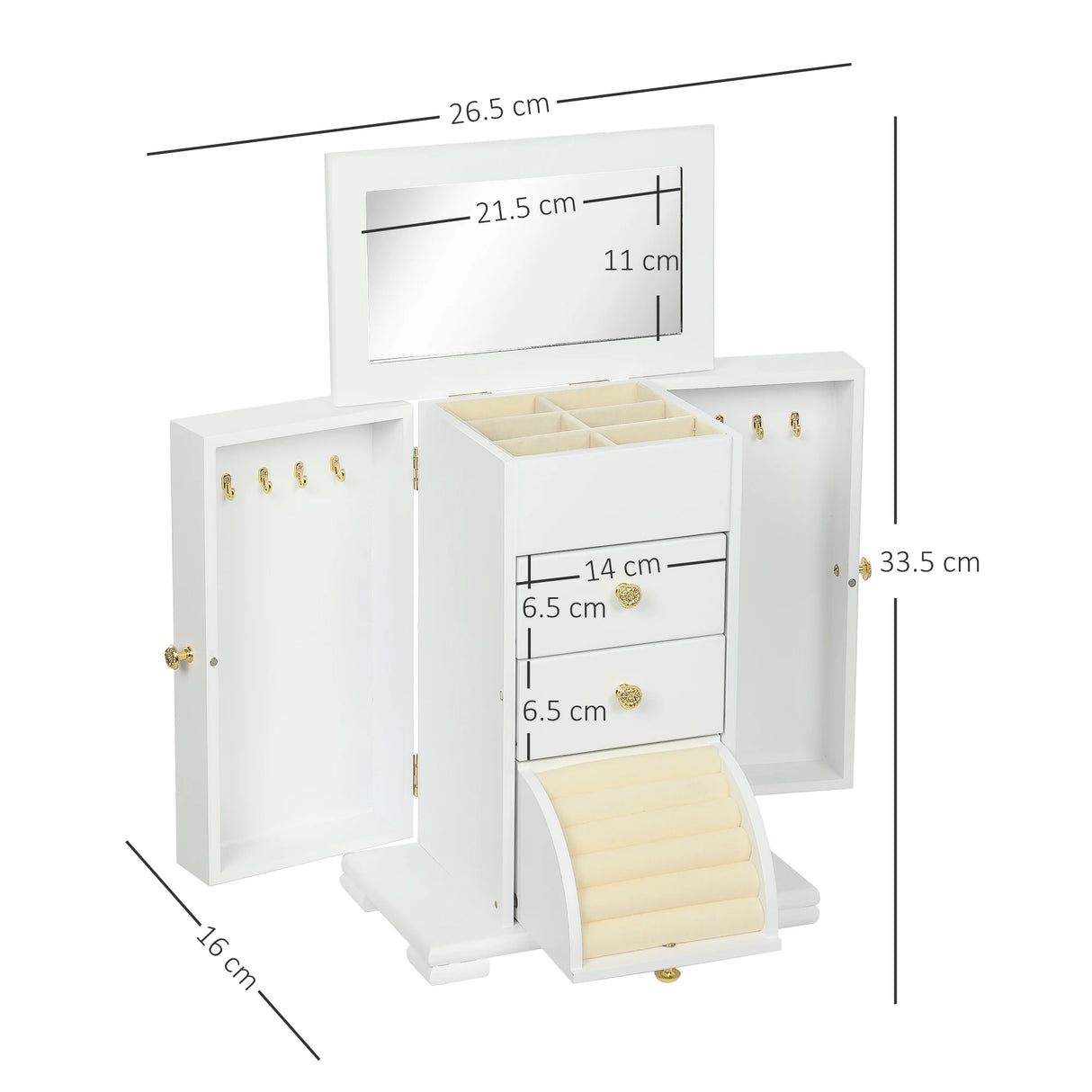 HOMCOM 4-Tier Jewellery Box with Mirror and 2 Drawers - White