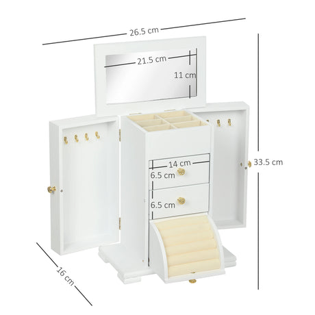 HOMCOM 4-Tier Jewellery Box with Mirror and 2 Drawers - White