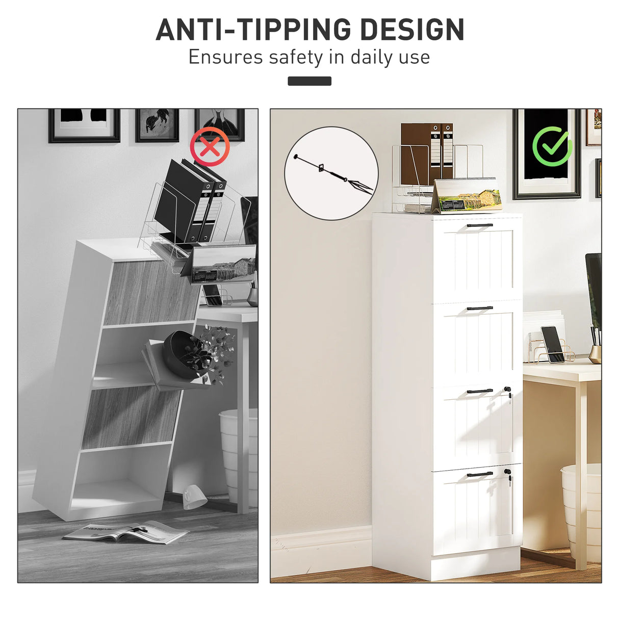 HOMCOM 4 Drawer Filing Cabinet with Lock, Office Storage Cabinet with Adjustable Hanging Bars for A4 Letter Size Files, White