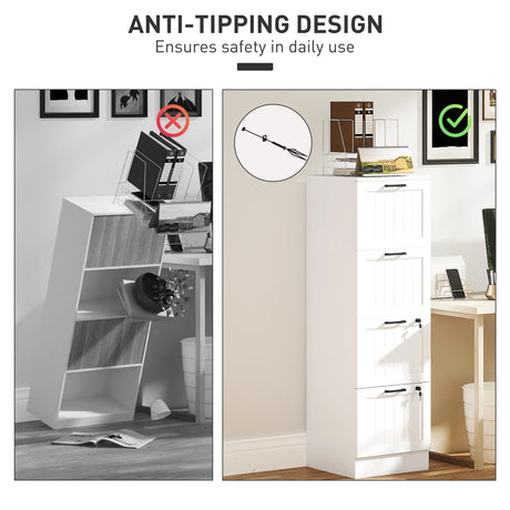 HOMCOM 4 Drawer Filing Cabinet with Lock, Office Storage Cabinet with Adjustable Hanging Bars for A4 Letter Size Files, White