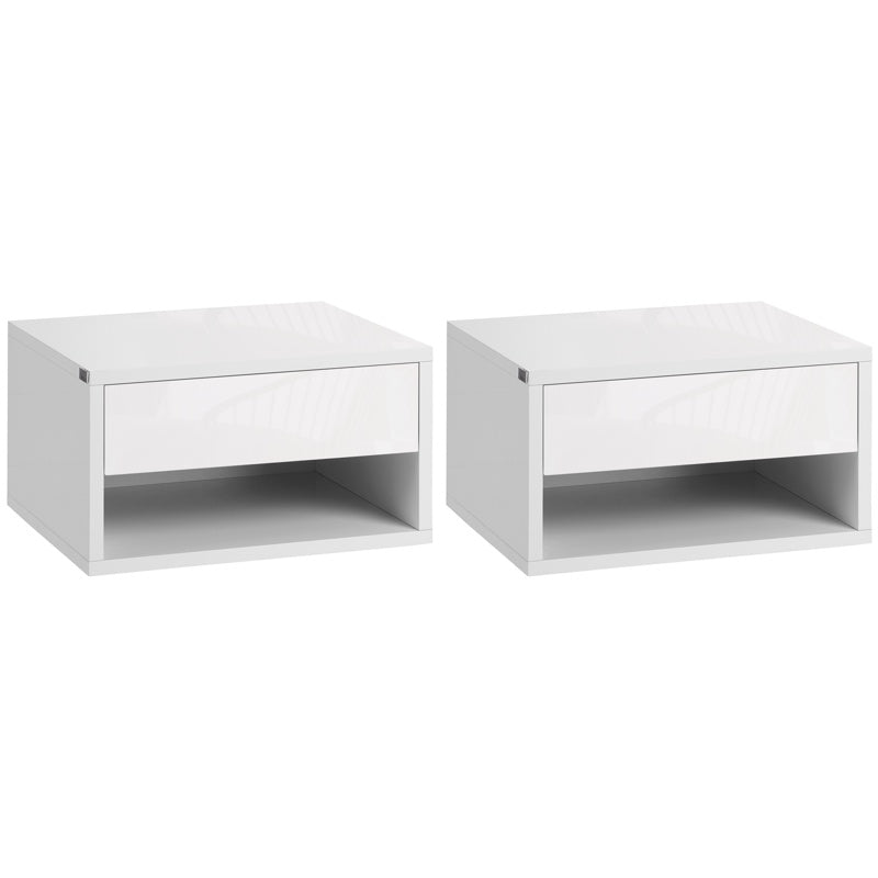 HOMCOM 2 Pieces Bedside Table Wall Mounted Nightstand with Drawer and Shelf for Bedroom, 37 x 32 x 21cm, High Gloss White