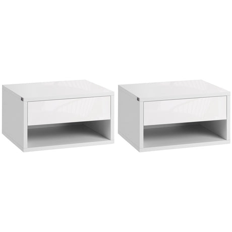 HOMCOM 2 Pieces Bedside Table Wall Mounted Nightstand with Drawer and Shelf for Bedroom, 37 x 32 x 21cm, High Gloss White