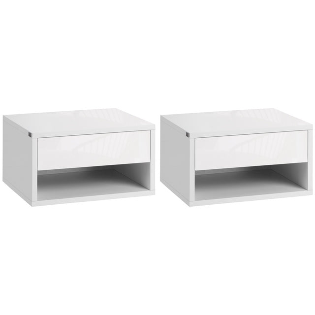 HOMCOM 2 Pieces Bedside Table Wall Mounted Nightstand with Drawer and Shelf for Bedroom, 37 x 32 x 21cm, High Gloss White