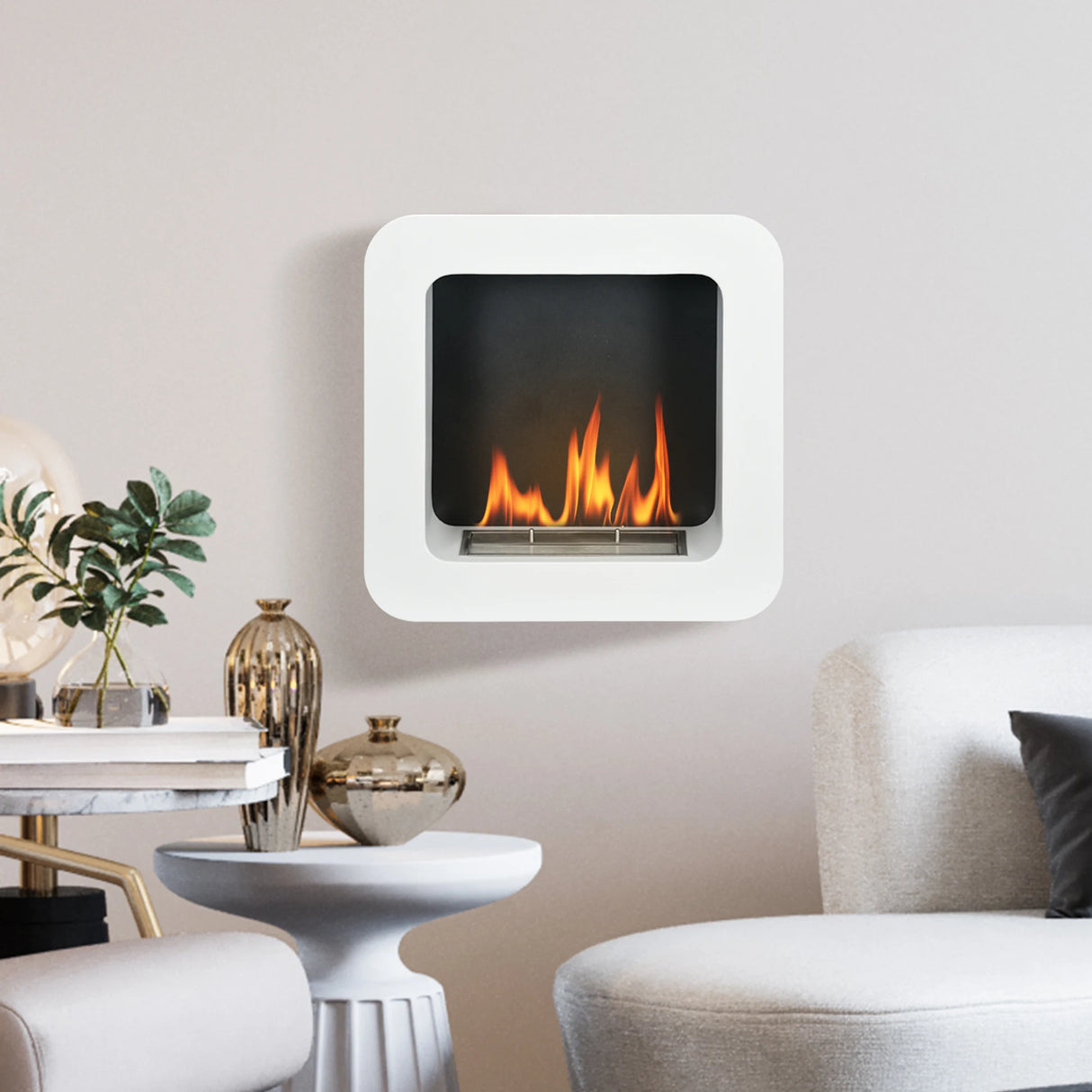 HOMCOM Wall Mounted Ethanol Fireplace, Bioethanol Heater Stove Fire with 1L Tank, 2.5 Hour Burning Time, 48 x 48 cm, White
