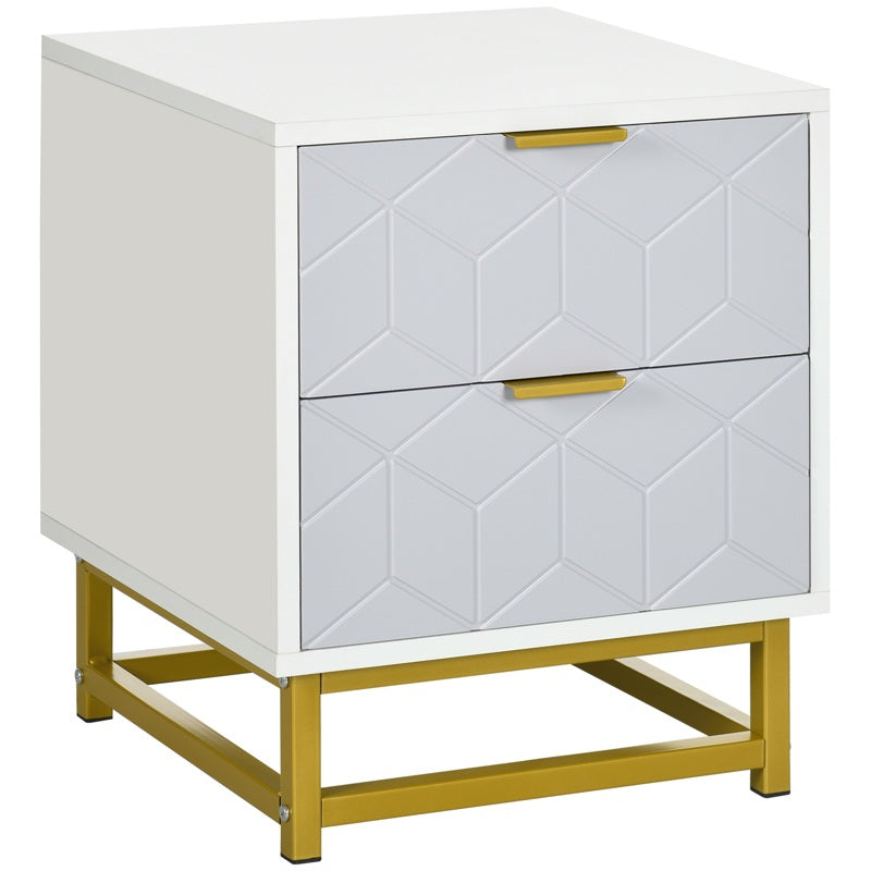 HOMCOM Bedside Table with 2 Drawers, Side Table, Bedside Cabinet with Steel Frame for Living Room, Bedroom, Grey and White