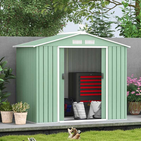 Outsunny 7 x 4ft Metal Garden Shed, Outdoor Storage Tool House with Ventilation Slots, Foundation Kit and Lockable Double Doors, Light Green