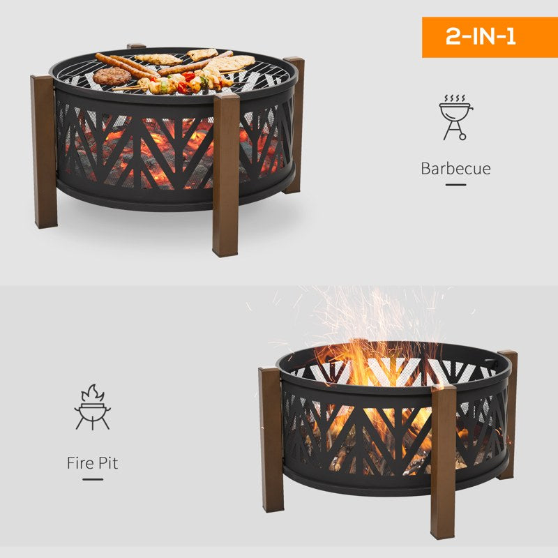 Outsunny Metal Large Firepit Bowl Outdoor 2-In-1 Round Fire Pit Brazier w/ Lid,  BBQ Grill, Poker for Backyard, Camping, Bonfire, Wood Burning Stove, 78 x 78 x 60cm, Black