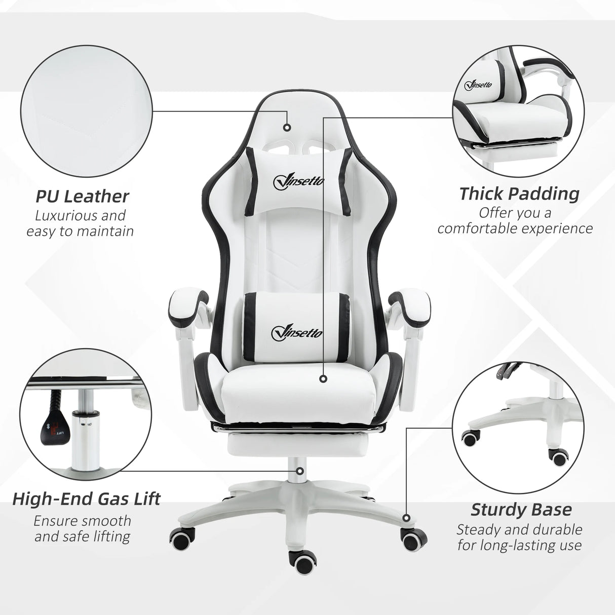 Vinsetto Computer Gaming Chair, PU Leather Office Desk Chair with Footrest, Swivel Wheels, 135 Reclining Back, Lumbar Support, Headrest for Home, White and Black