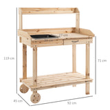 Outsunny Garden Potting Bench Table, Wooden Work Station, Outdoor Planting Workbench with 2 Wheels, Sink, Drawer & Large Storage Spaces, 92x45x119cm