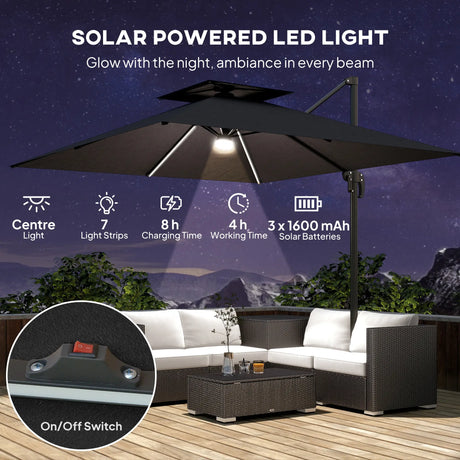 Outsunny 2.5m Cantilever Parasol with Solar Powered LED Lights, 360 Rotation, Tilt Adjustment, Crank Handle, Dark Grey