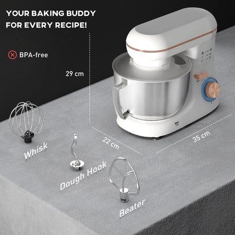 HOMCOM 1300W Kitchen Stand Mixer, with Accessories - White