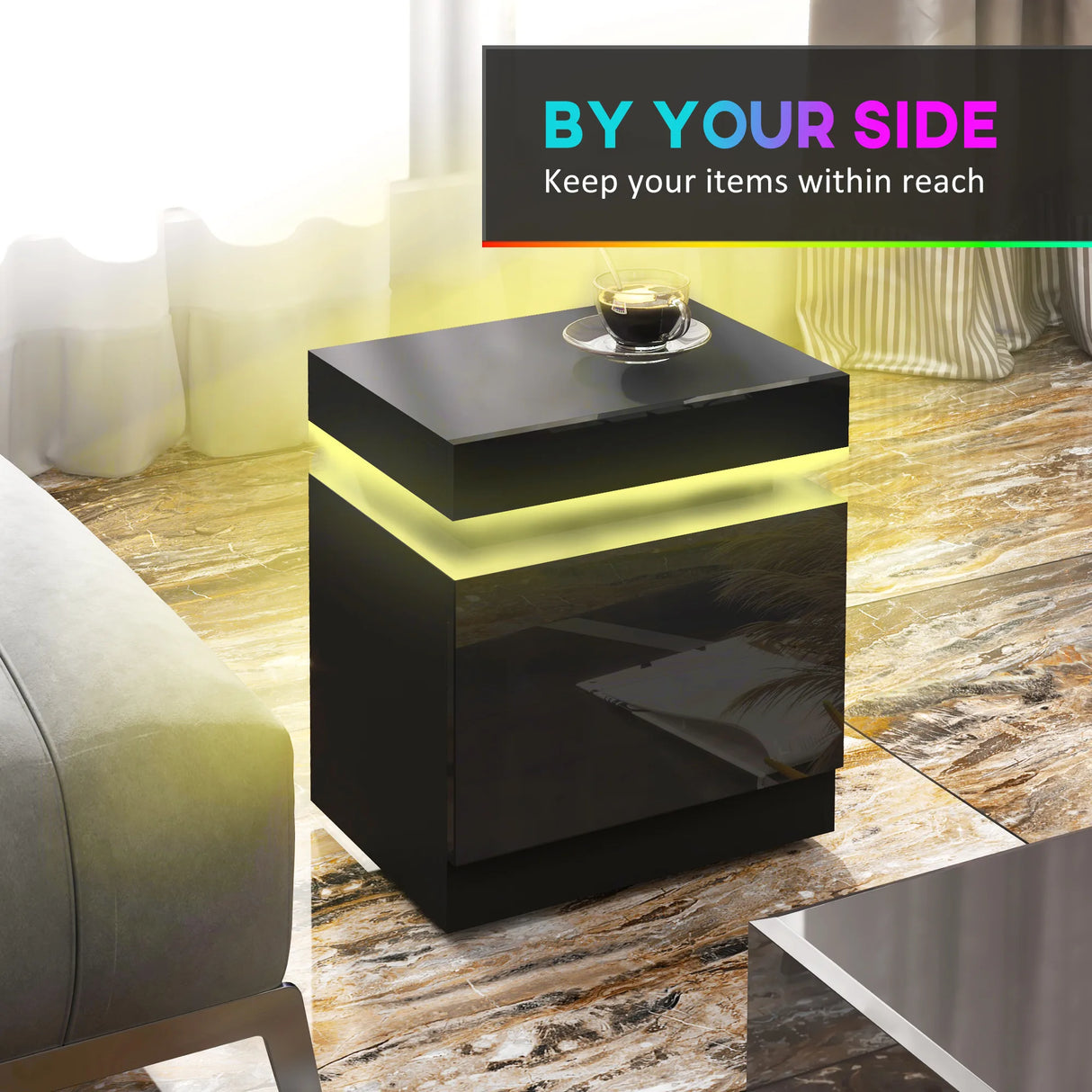 HOMCOM Black Bedside Table with LED Light, High Gloss Front Nightstand with 2 Drawers, for Living Room, Bedroom