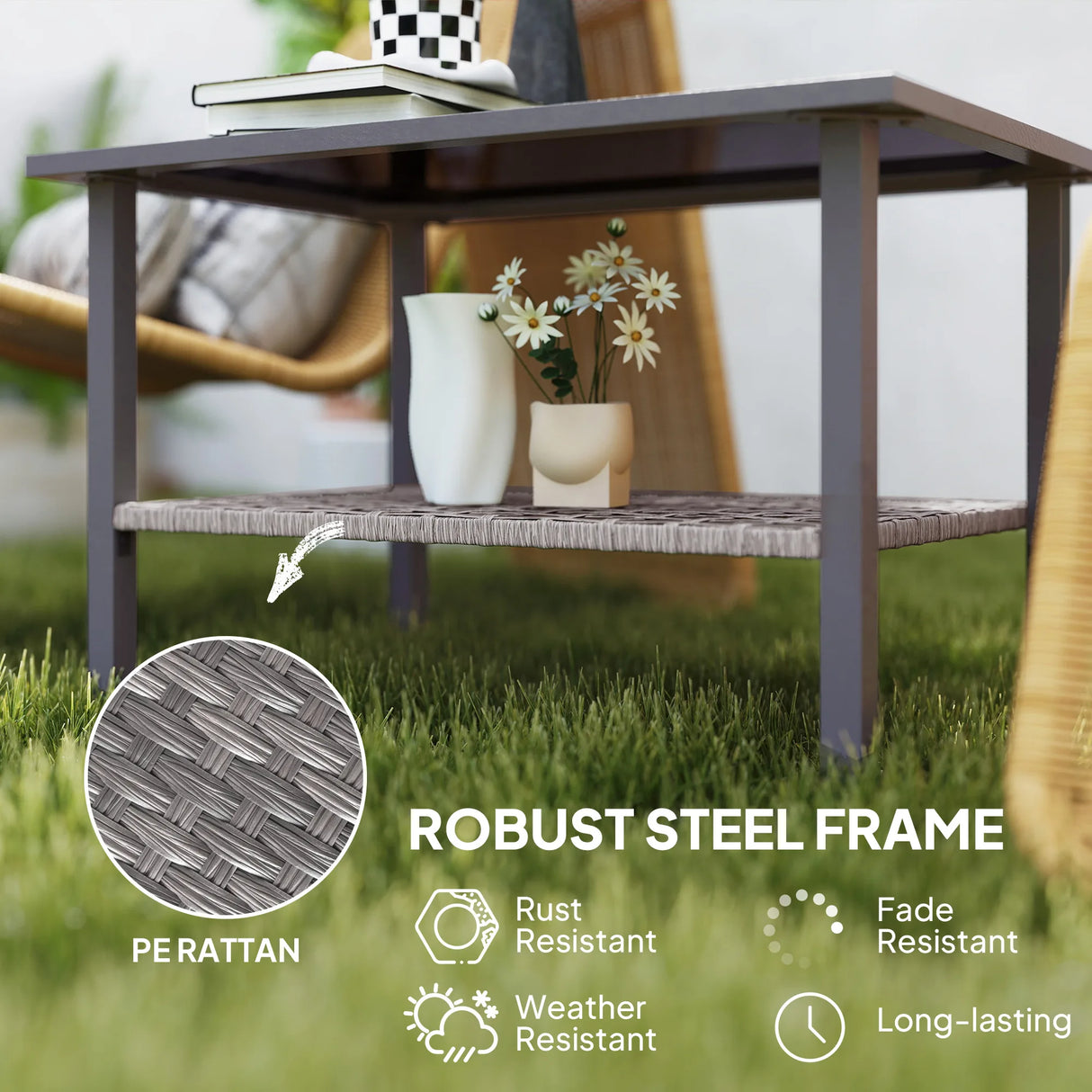 Outsunny Outdoor Rattan Coffee Table with Tempered Glass Top, Storage Shelf, Foot Pads, for Patio, Balcony, Mixed-grey