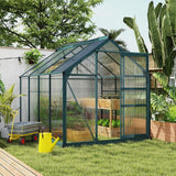 Outsunny 6 x 8ft Polycarbonate Greenhouse, Large Walk-In Green House with Slide Door and Window, Garden Plants Grow House with Aluminium Frame and Foundation, Dark Green