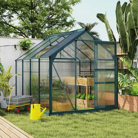 Outsunny 6 x 8ft Polycarbonate Greenhouse, Large Walk-In Green House with Slide Door and Window, Garden Plants Grow House with Aluminium Frame and Foundation, Dark Green