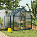 Outsunny 6 x 8ft Polycarbonate Greenhouse, Large Walk-In Green House with Slide Door and Window, Garden Plants Grow House with Aluminium Frame and Foundation, Dark Green