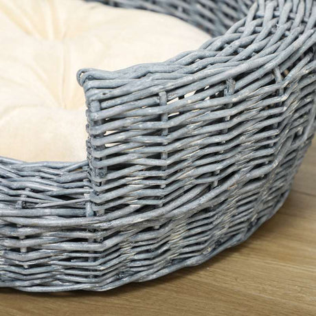 PawHut Wicker Pet Bed Willow Dog Cat Sofa Couch Puppy Basket with Cushion Grey 57L x 46W x 17.5H cm