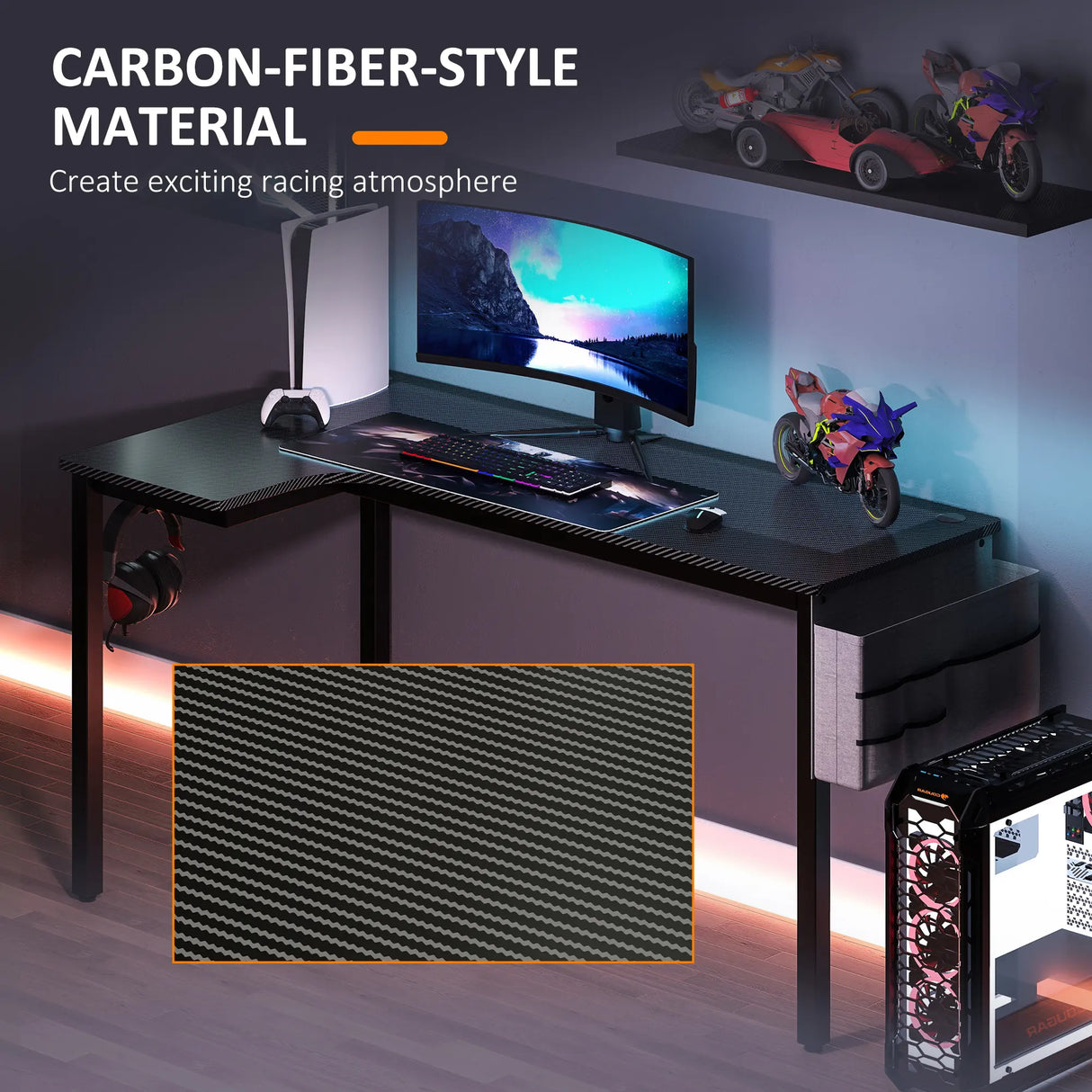 HOMCOM L-Shaped Computer Gaming Desk with Fabric Bag, Hooks and Cable Management, 145 x 81 x 76cm - Black