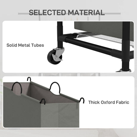 HOMCOM 3x 42L Laundry Basket Unit, with Hanging Rail - Black/Grey