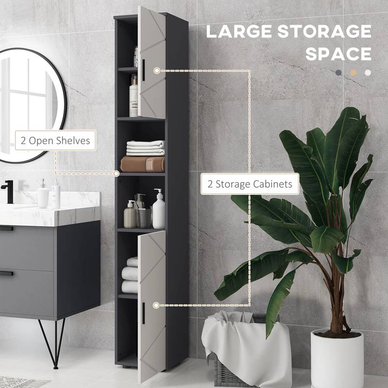 kleankin 183cm Tall Bathroom Cabinet, Narrow Bathroom Storage Cabinet with Open Shelves, 2 Doors Cabinets, Adjustable Shelves and Soft Close Mechanism, Grey