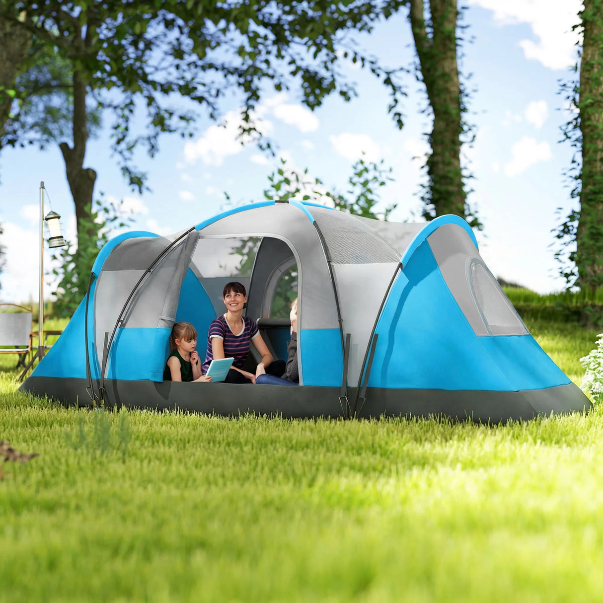 Outsunny 5-6 Man Camping Tent, Tunnel Tent, Water Resistant Hiking Shelter with Groundsheet and Carry Bag, Light Blue