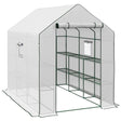 Outsunny Walk-in Greenhouse with 3 Tier Shelves, Outdoor Green House Garden Grow House with Reinforced PE Cover, Roll-up Door and Mesh Windows, 140 x 213 x 190cm, White