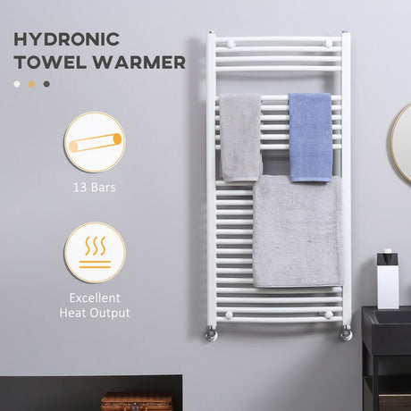 HOMCOM Curved Heated Towel Rail, Hydronic Bathroom Ladder Radiator Towel Warmer For Central Heating 600mm x 1200mm, White