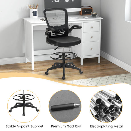 High Back Mesh Office Chair with Flip-up Armrests and Footrest Ring-Black