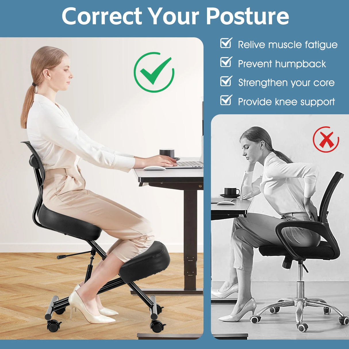 Ergonomic Kneeling Chair Posture Correction Stool with Back Support