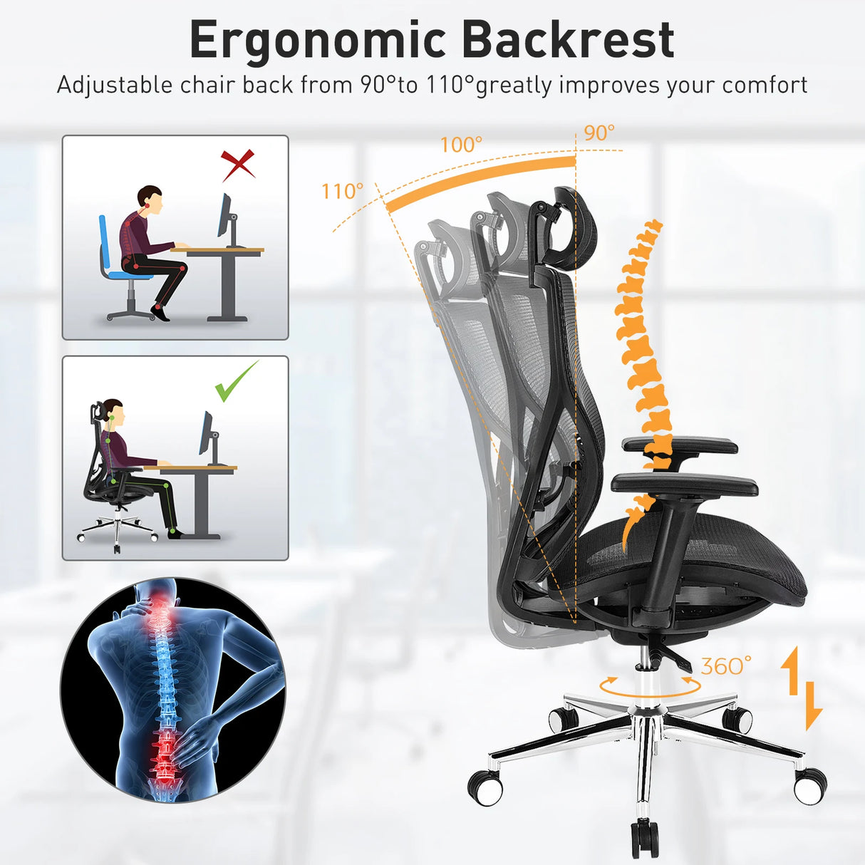 High-Back Mesh Executive Chair with Sliding Seat and Adjustable Lumbar Support