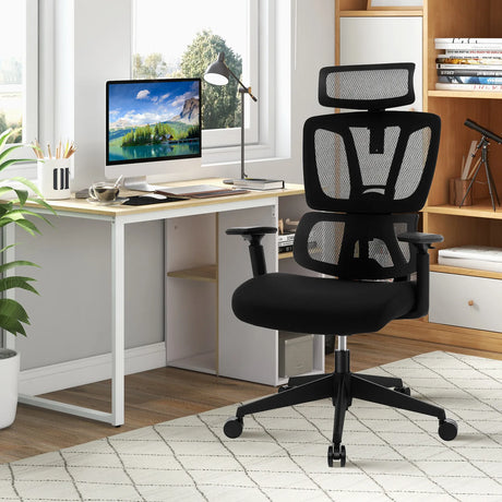 Ergonomic Office Chair with N Type Lumbar Support and Adjustable Headrest-Black