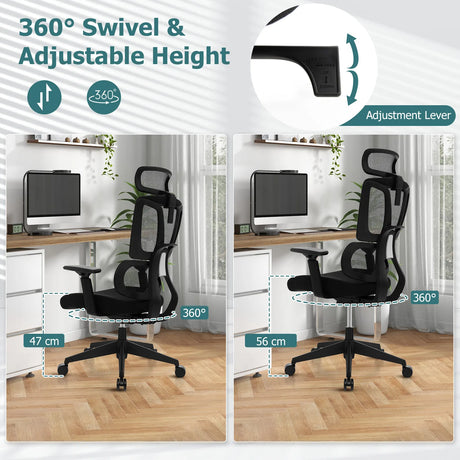 Ergonomic Office Chair with N Type Lumbar Support and Adjustable Headrest-Black