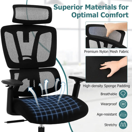 Ergonomic Office Chair with N Type Lumbar Support and Adjustable Headrest-Black