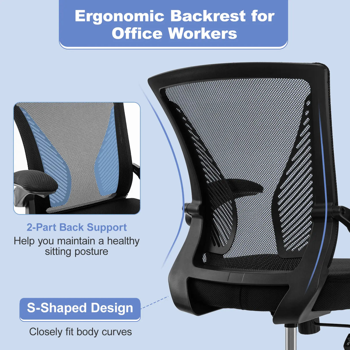 Ergonomic Office Chair Adjustable Swivel Chair with Flip-Up Armrests and Rocking Backrest-Black
