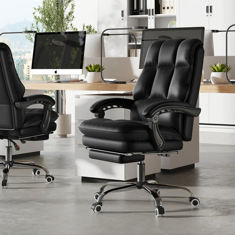 Ergonomic Office Chair PU Leather Adjustable Swivel with Reclining Backrest-Black