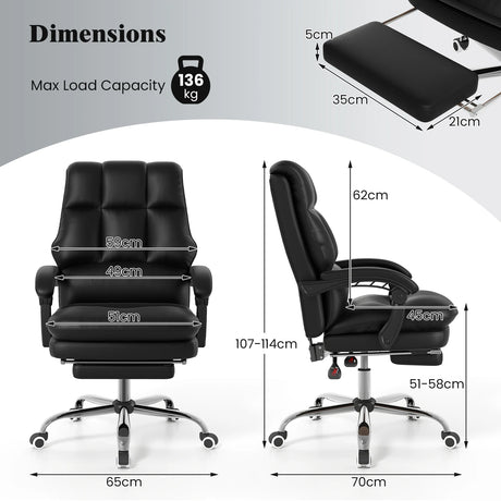 Ergonomic Office Chair PU Leather Adjustable Swivel with Reclining Backrest-Black