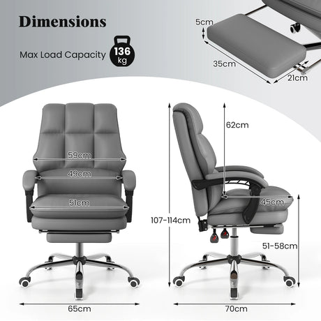 Ergonomic Office Chair PU Leather Adjustable Swivel with Reclining Backrest-Grey