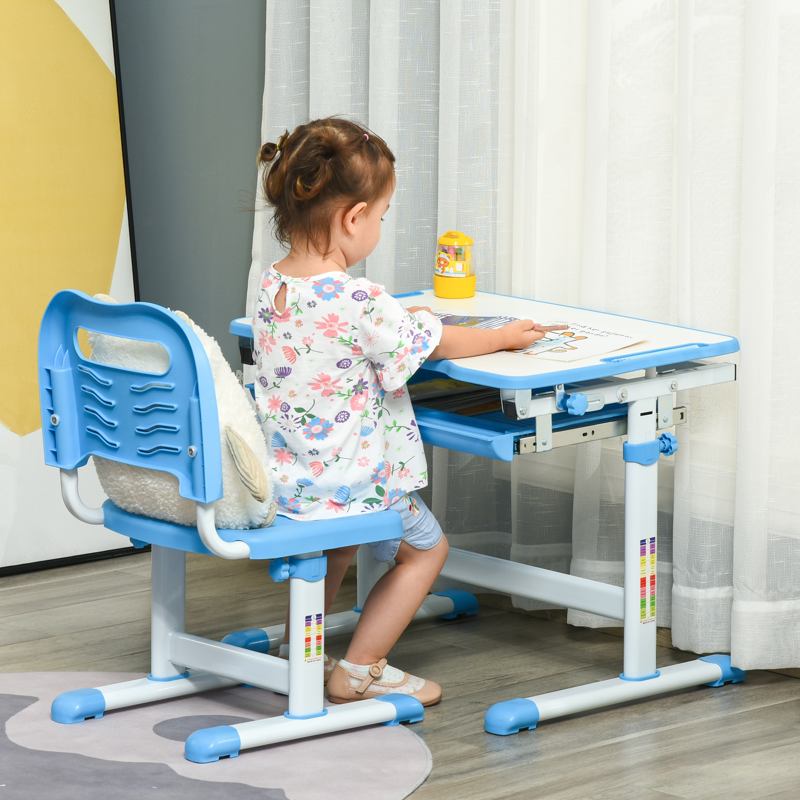 HOMCOM Kids Desk and Chair Set, Height Adjustable Student Writing Desk, Children School Study Table with Tiltable Desktop, Drawer, Pen Slot, Hook - Blue