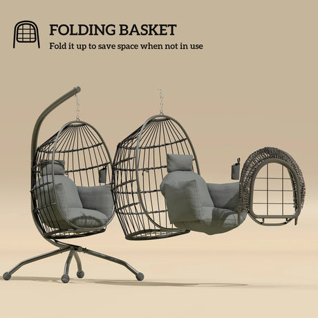 Outsunny Hanging Egg Chair Outdoor Indoor Garden Swing Chair with Folding Basket and Thickened Cushion, Garden Hanging Chair with Stand, Headrest, Cup Holder for Patio, Balcony, Dark Grey