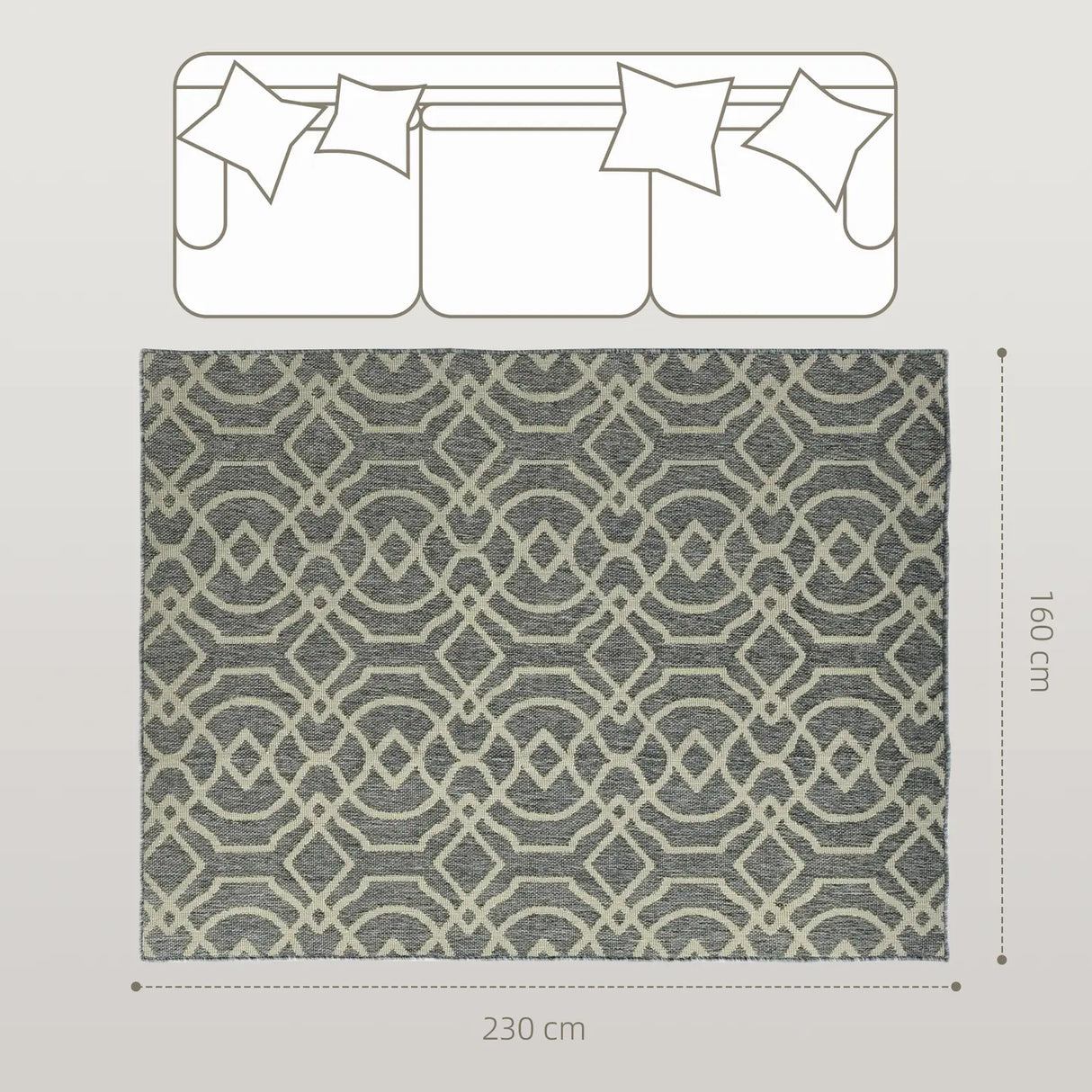 HOMCOM UV Resistant Indoor & Outdoor Area Rug, Easy-Cleaning Machine Washable Rug with Geometric Pattern for Patio, Garden, Kitchen, Bathroom or Living Room, 230 x 160 cm, Grey