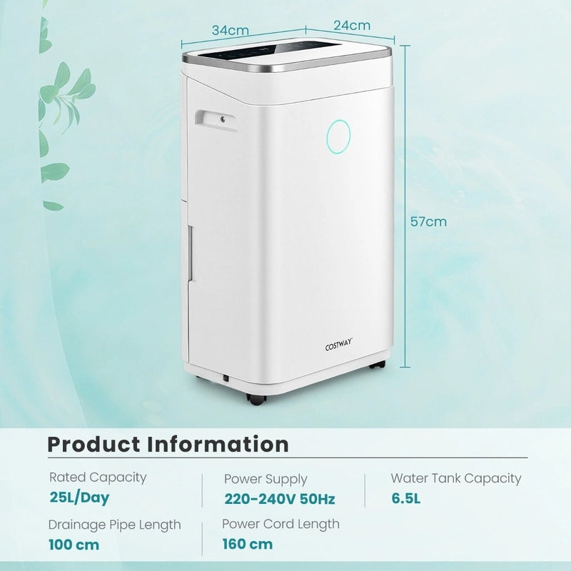 25L/Day Dehumidifier with 6.5L Water Tank and 24H Timer for Home Basement-White