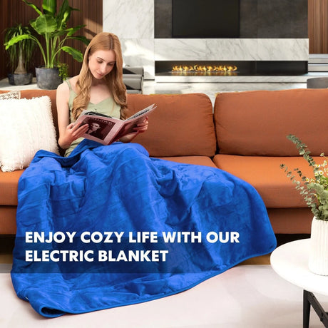 160 x 130 CM Electric Heated Throw Blanket with 10 Heat Settings-Blue