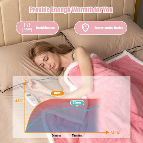 154 x 130 CM Reversible Electric Heated Blanket with 10 Heat Settings-Pink